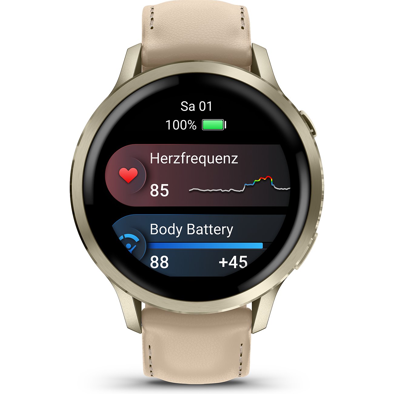 Eine goldene Garmin Smartwatch mit beigem Kunststoffarmband zeigt auf dem Display Herzfrequenz und Body Battery an.