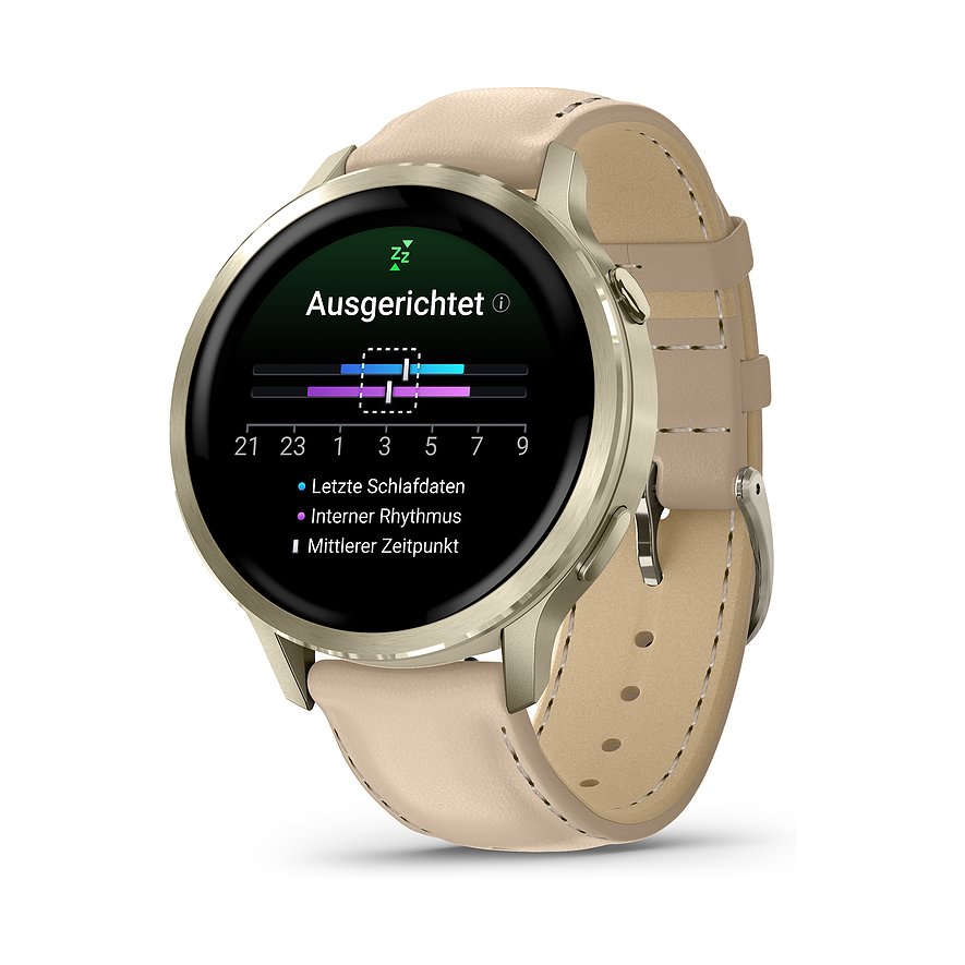 Eine Garmin Smartwatch aus Kunststoff mit beigem Armband in der Ansicht „Ausgerichtet“ und Schlafdaten.