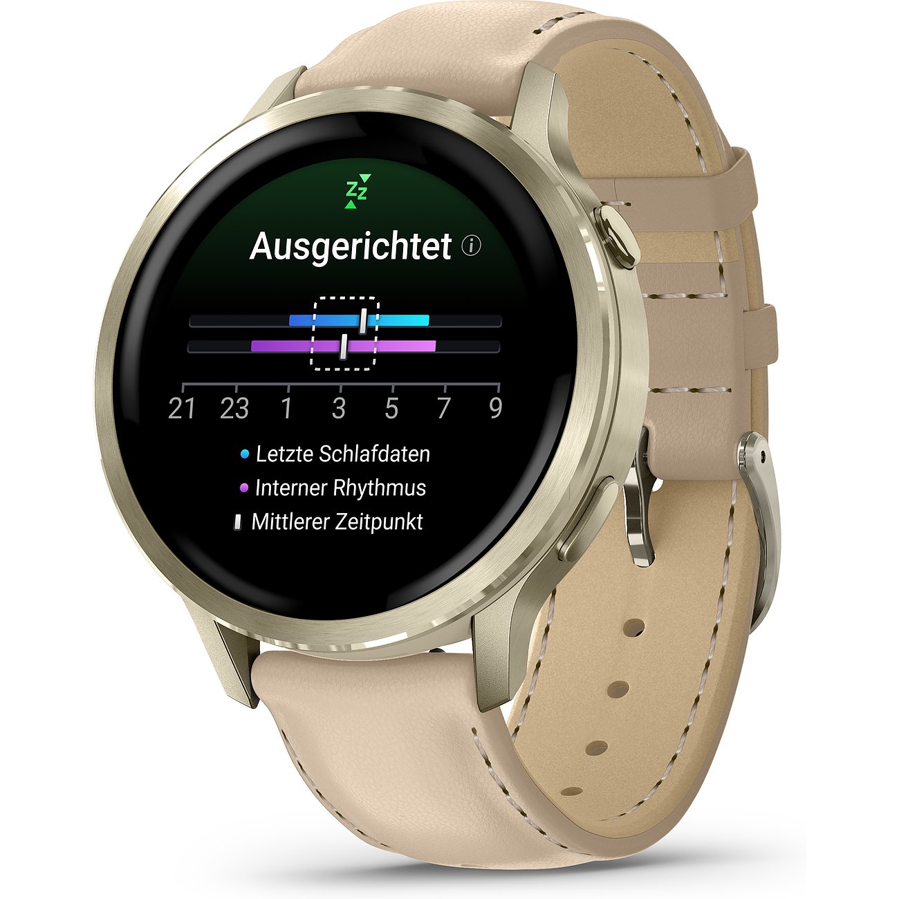 Eine Garmin Smartwatch aus Kunststoff mit beigem Armband in der Ansicht „Ausgerichtet“ und Schlafdaten.