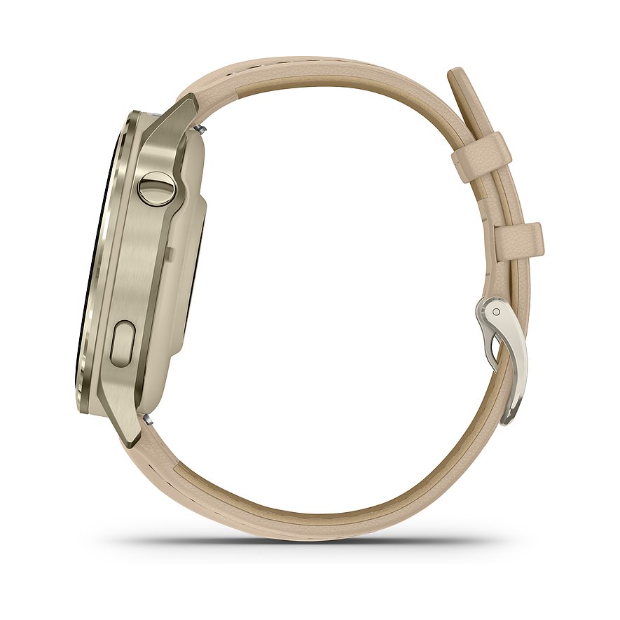 Seitenansicht der Garmin Smartwatch aus Kunststoff mit beigem Armband und silberner Dornschließe.