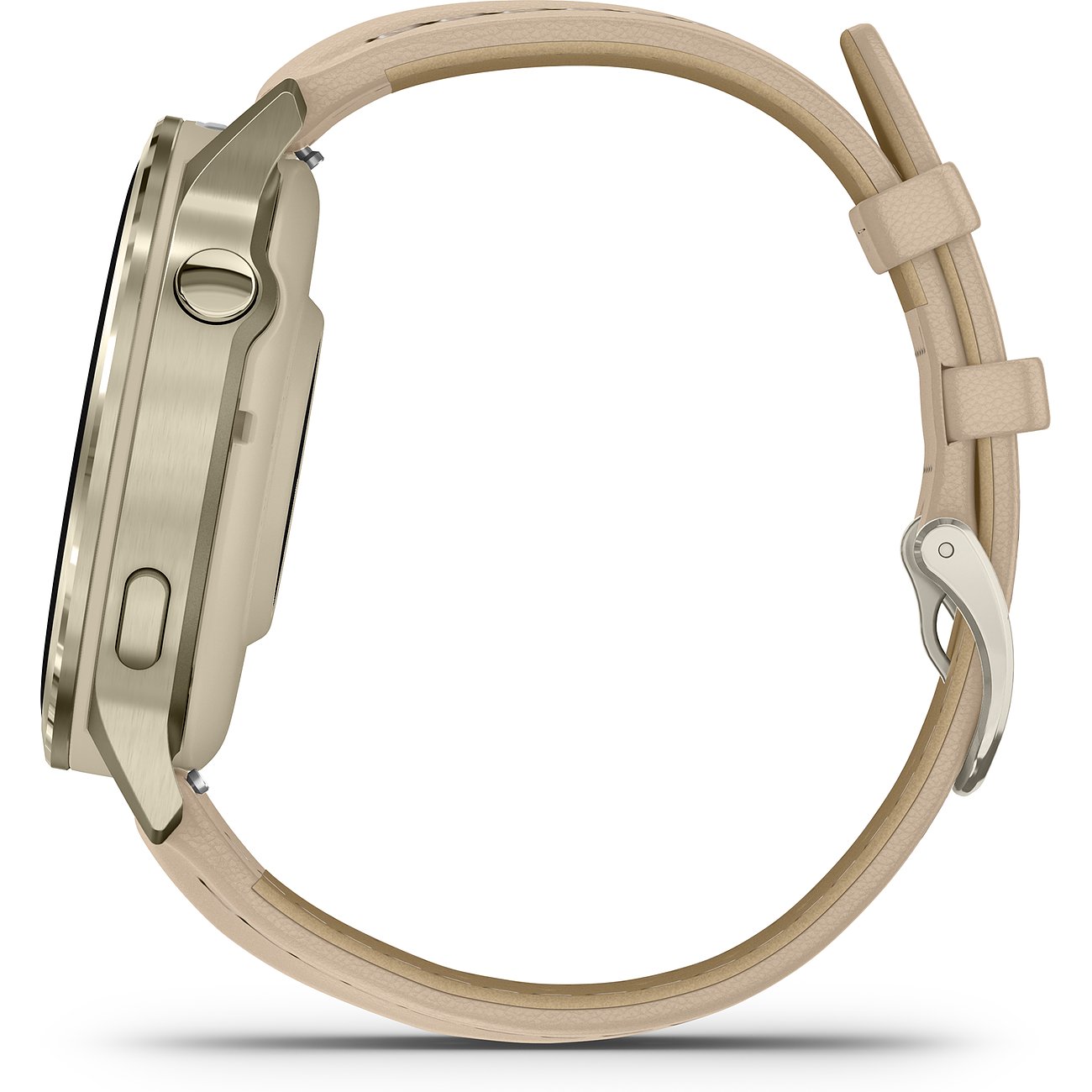 Seitenansicht der Garmin Smartwatch aus Kunststoff mit beigem Armband und silberner Dornschließe.