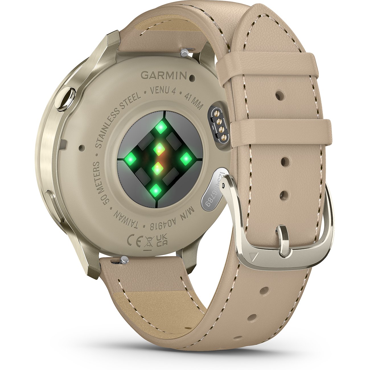 Rückseite der beigen Garmin Smartwatch aus Kunststoff mit leuchtenden Sensoren und beigem Lederband mit silberner Dornschließe.