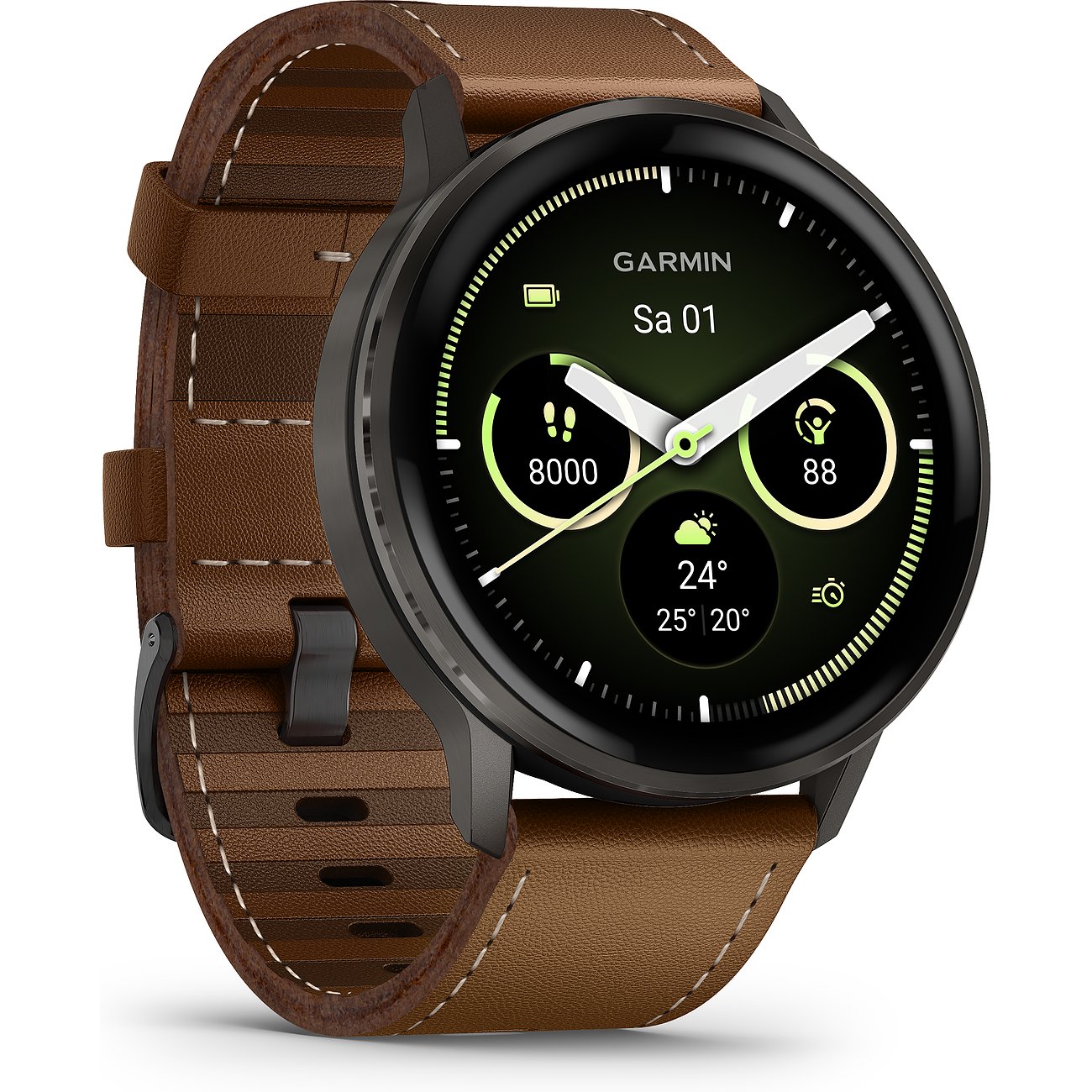 Eine Garmin Smartwatch aus Kunststoff mit dunklem Gehäuse und braunem Lederarmband, schräg von oben.
