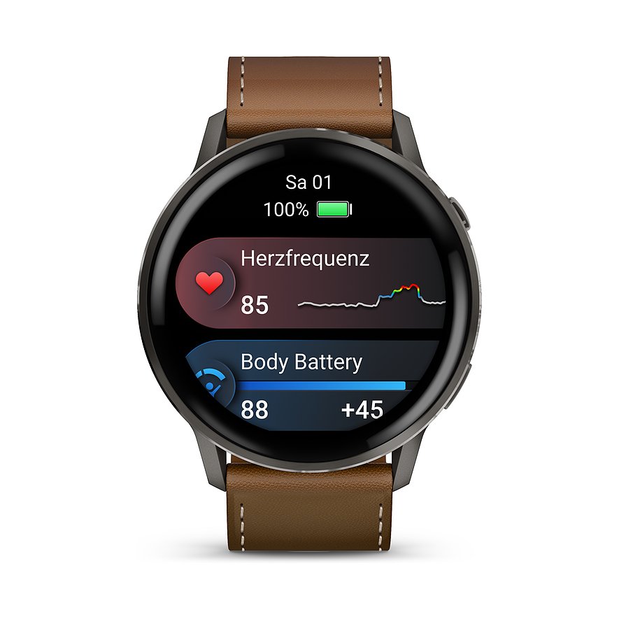 Eine Garmin Smartwatch aus Kunststoff mit braunem Armband zeigt auf dem Display Herzfrequenz und Body Battery an.
