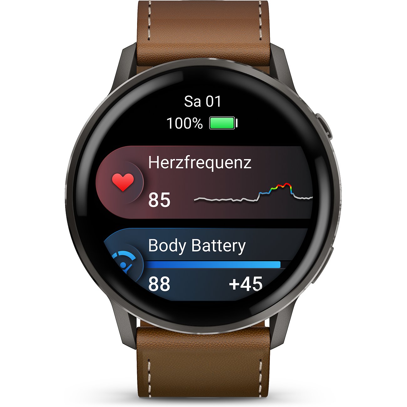 Eine Garmin Smartwatch aus Kunststoff mit braunem Armband zeigt auf dem Display Herzfrequenz und Body Battery an.