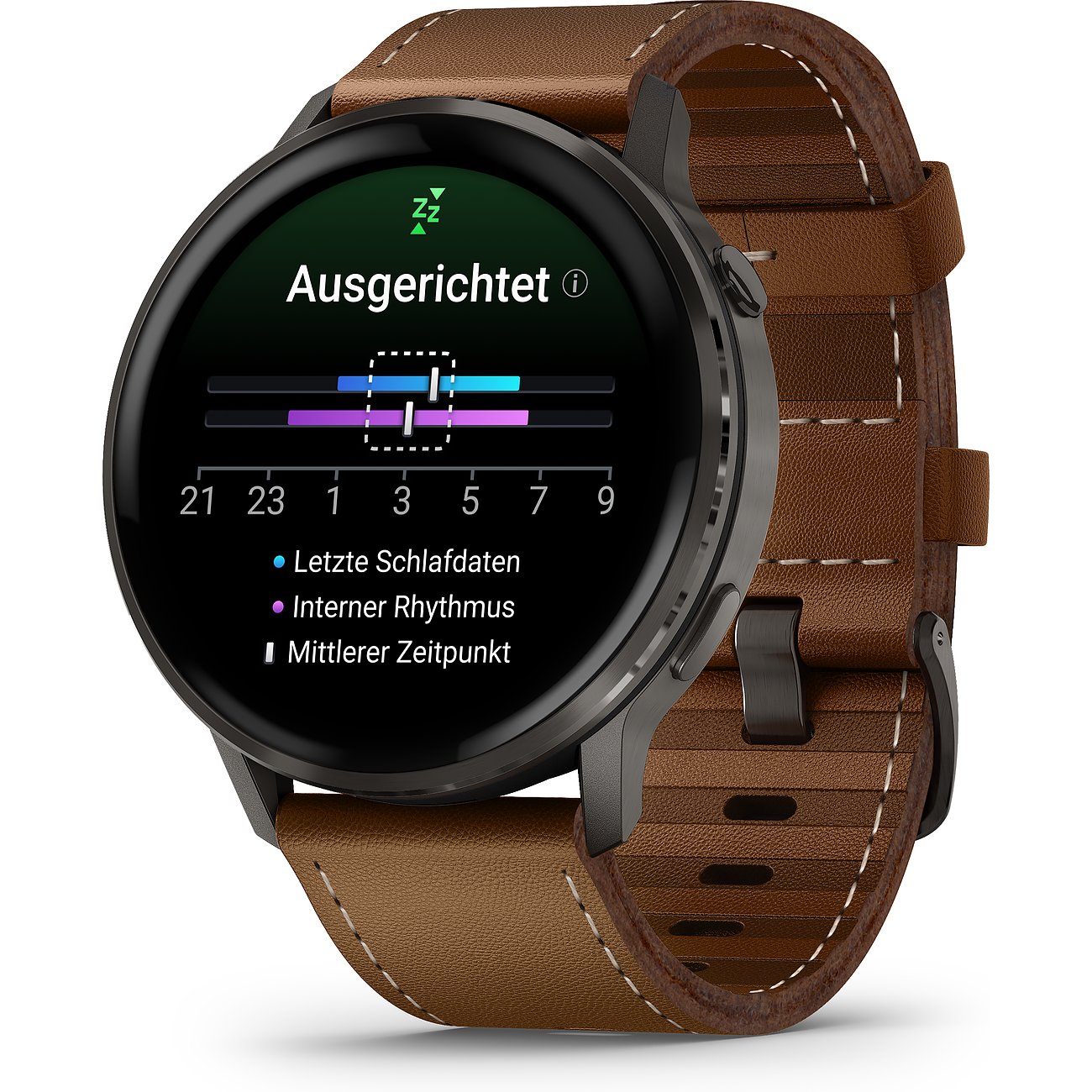 Eine Garmin Smartwatch aus Kunststoff mit braunem Lederarmband zeigt auf dem Display Daten zur Ausrichtung und zum Schlaf.