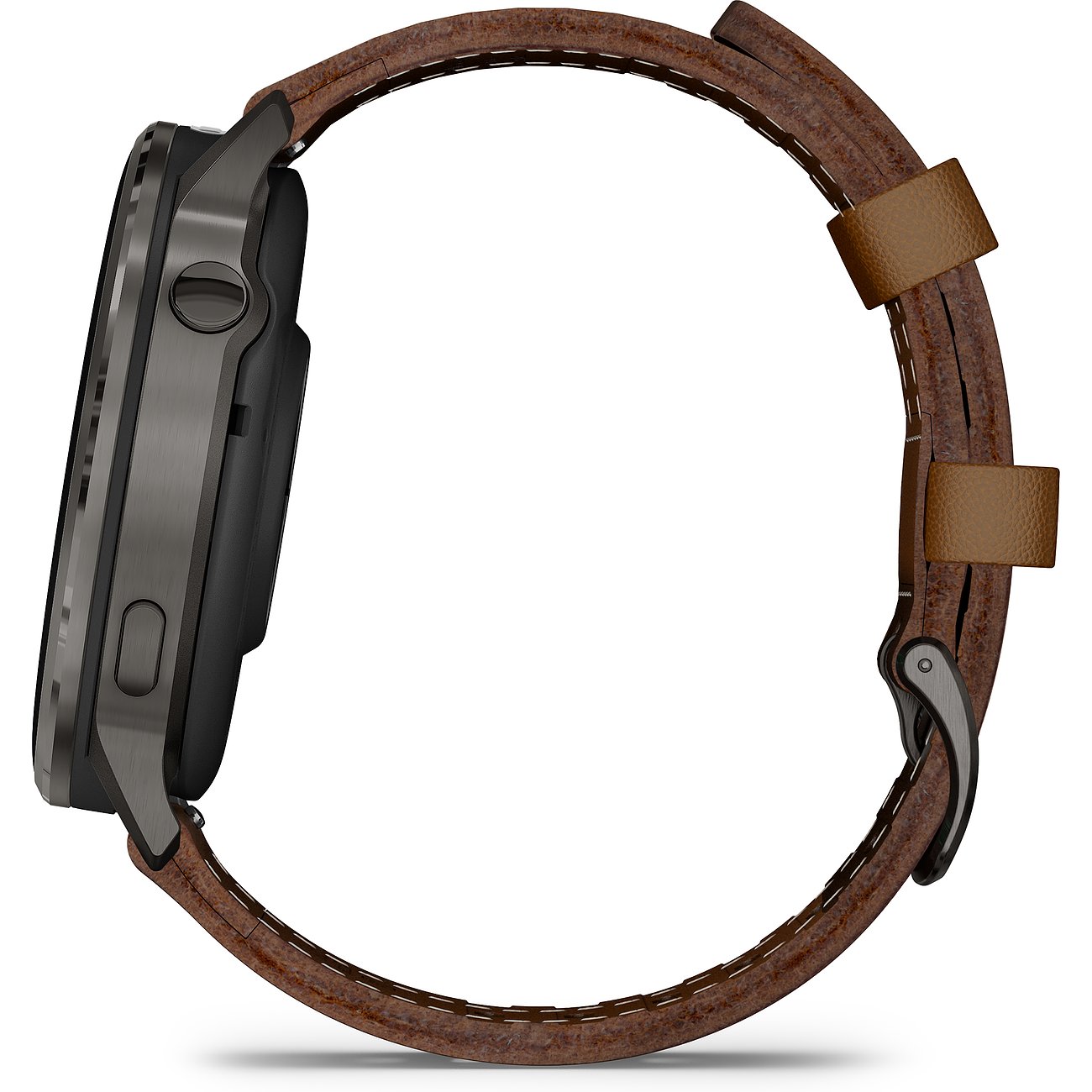 Garmin Smartwatch aus Kunststoff mit braunem Lederarmband in Seitenansicht.