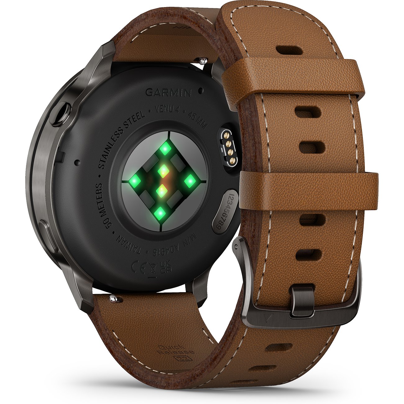 Rückseite einer Garmin Smartwatch mit braunem Kunststoffarmband und leuchtenden grünen Sensoren.