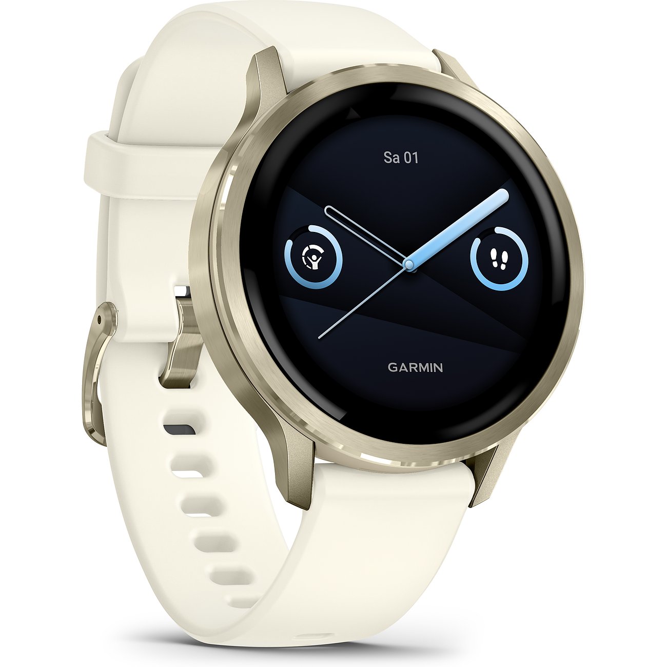 Eine Garmin Smartwatch aus beigem Kunststoff mit weißem Armband, von vorne leicht schräg dargestellt.