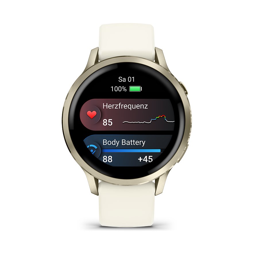 Garmin Smartwatch aus Kunststoff, creme-weißes Armband, goldfarbenes Gehäuse, zeigt Herzfrequenz und Body Battery.