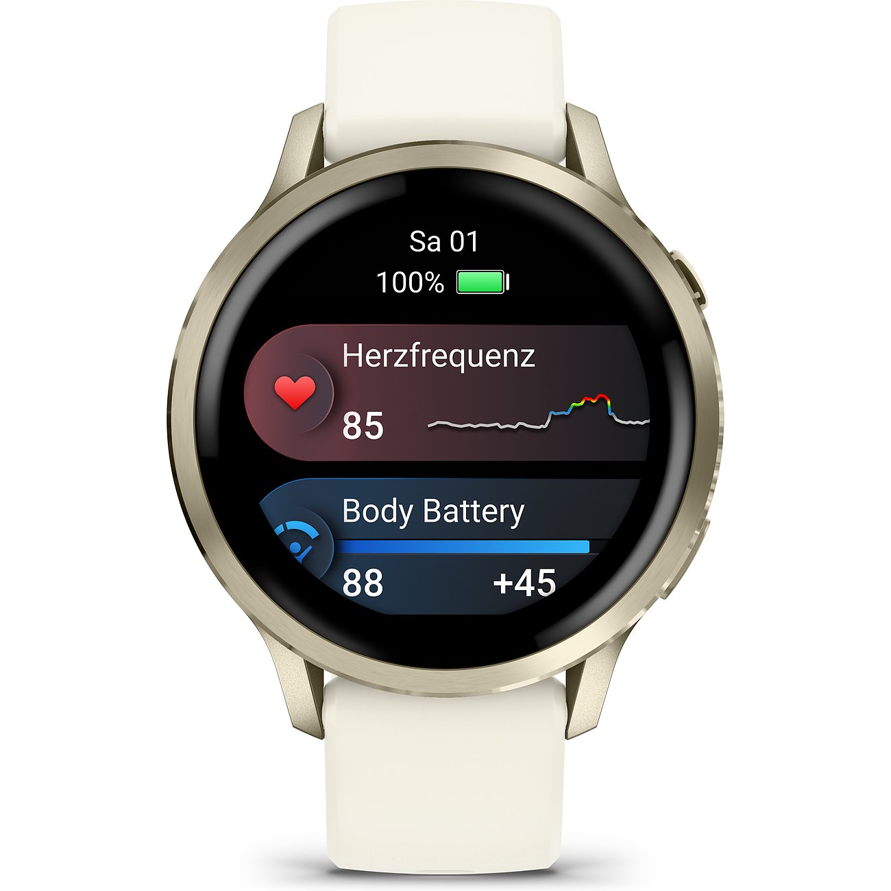Garmin Smartwatch aus Kunststoff, creme-weißes Armband, goldfarbenes Gehäuse, zeigt Herzfrequenz und Body Battery.