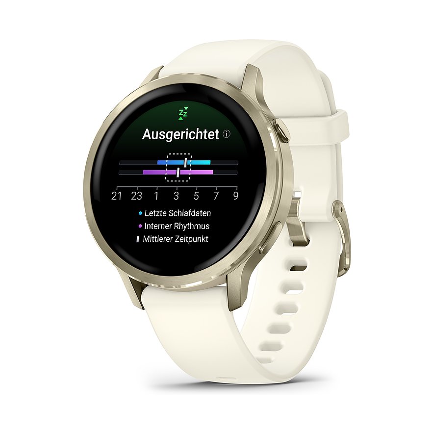Garmin Smartwatch in Gold und Elfenbein zeigt Schlafanalyse-Daten. Eine zierliche Schnalle hält das Band zusammen.