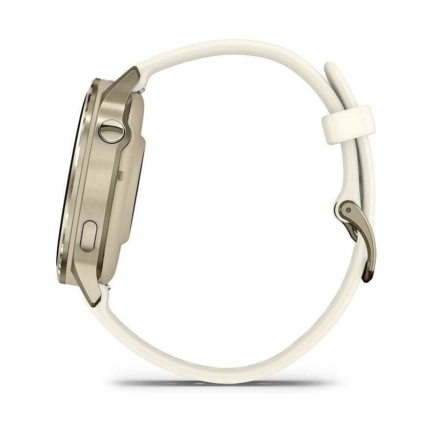 Seitenansicht der Garmin Smartwatch aus Kunststoff mit beigem Gehäuse und beigem Armband.