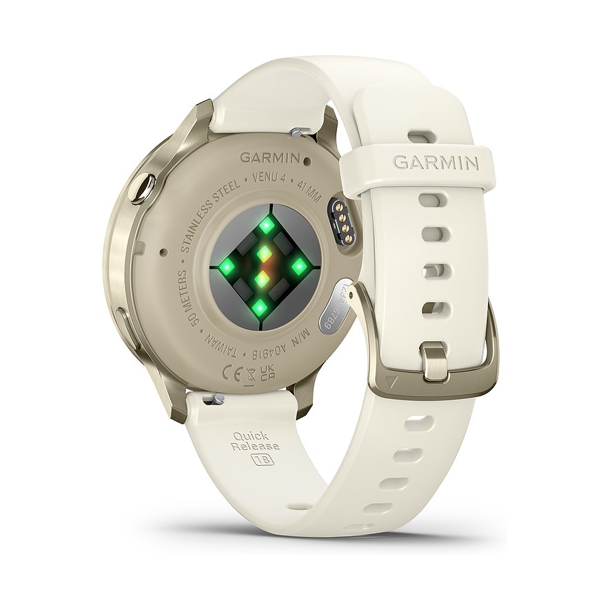 Rückansicht der Garmin Smartwatch mit beigem Kunststoffarmband und Herzfrequenzsensor auf der Unterseite des Gehäuses.