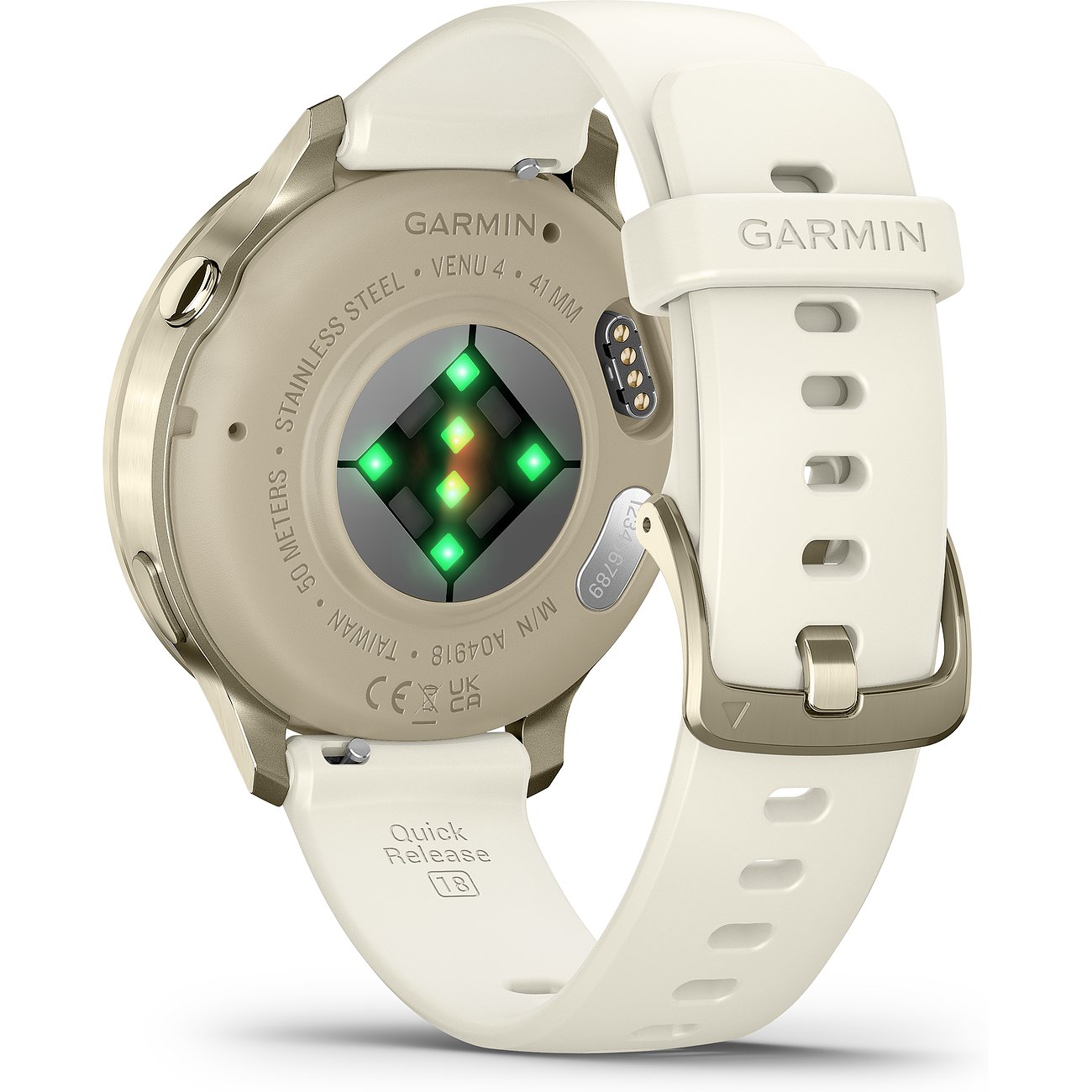Rückansicht der Garmin Smartwatch mit beigem Kunststoffarmband und Herzfrequenzsensor auf der Unterseite des Gehäuses.