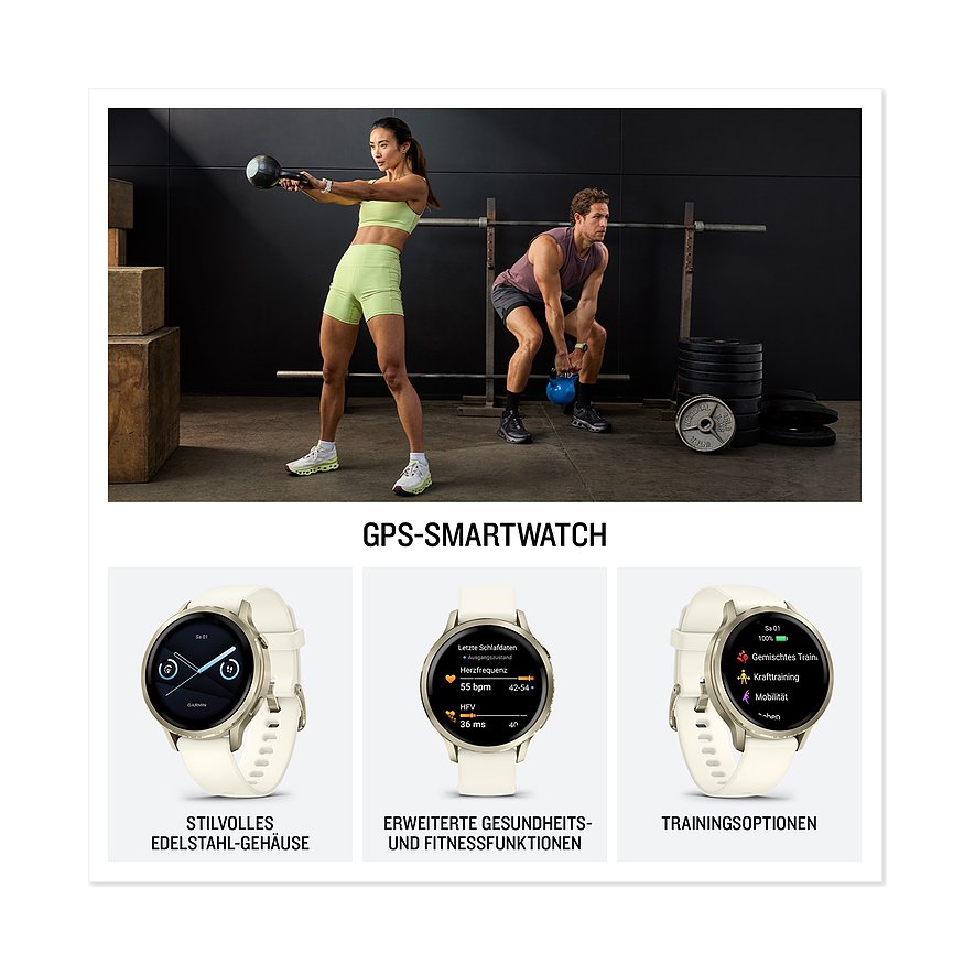 Zwei Personen tragen Garmin Smartwatches beim Training im Fitnessstudio. Drei Nahaufnahmen zeigen Gesundheits- und Trainingsfunktionen.