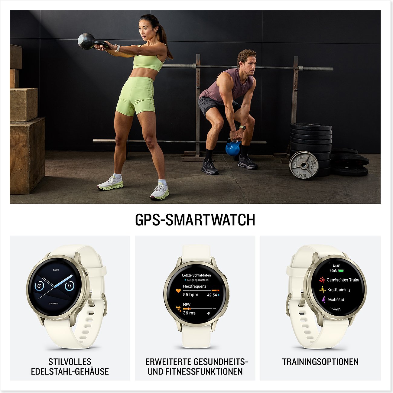 Zwei Personen tragen Garmin Smartwatches beim Training im Fitnessstudio. Drei Nahaufnahmen zeigen Gesundheits- und Trainingsfunktionen.