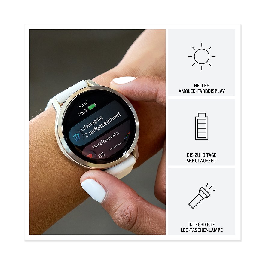 Eine Nahaufnahme zeigt eine Person, die eine Garmin Smartwatch aus Kunststoff mit weißem Armband am Handgelenk trägt.