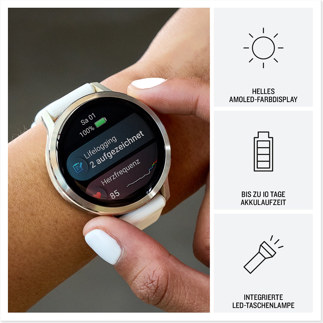 Eine Nahaufnahme zeigt eine Person, die eine Garmin Smartwatch aus Kunststoff mit weißem Armband am Handgelenk trägt.