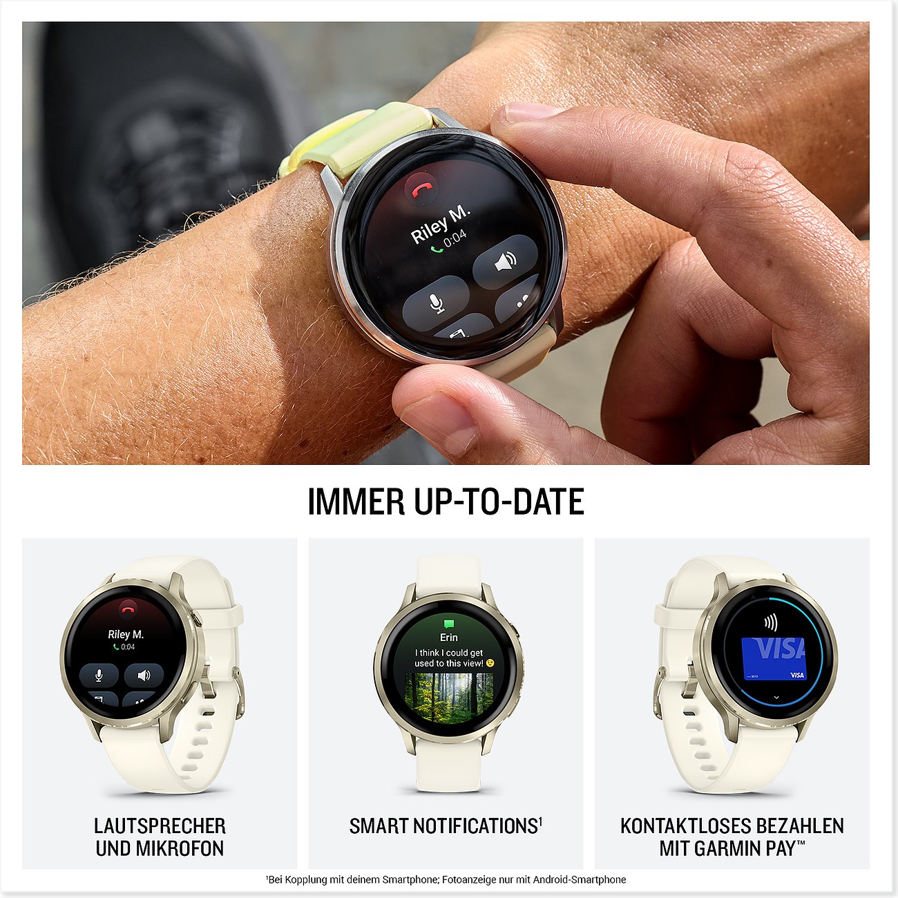 Die Garmin Smartwatch aus Kunststoff mit leuchtend gelbem Band am Handgelenk, zeigt einen eingehenden Anruf.
