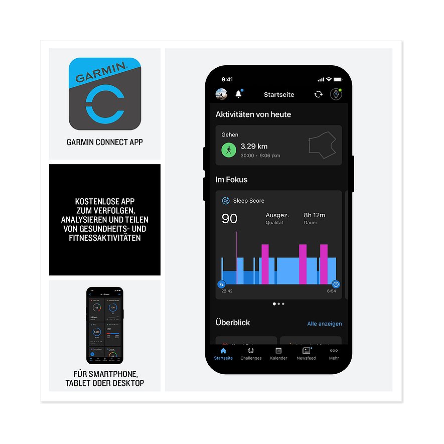 Garmin Connect App auf einem Smartphone. Kostenlose App zur Verfolgung von Gesundheits- und Fitnessaktivitäten. Übersicht der Aktivitäten und Schlaf-Score.