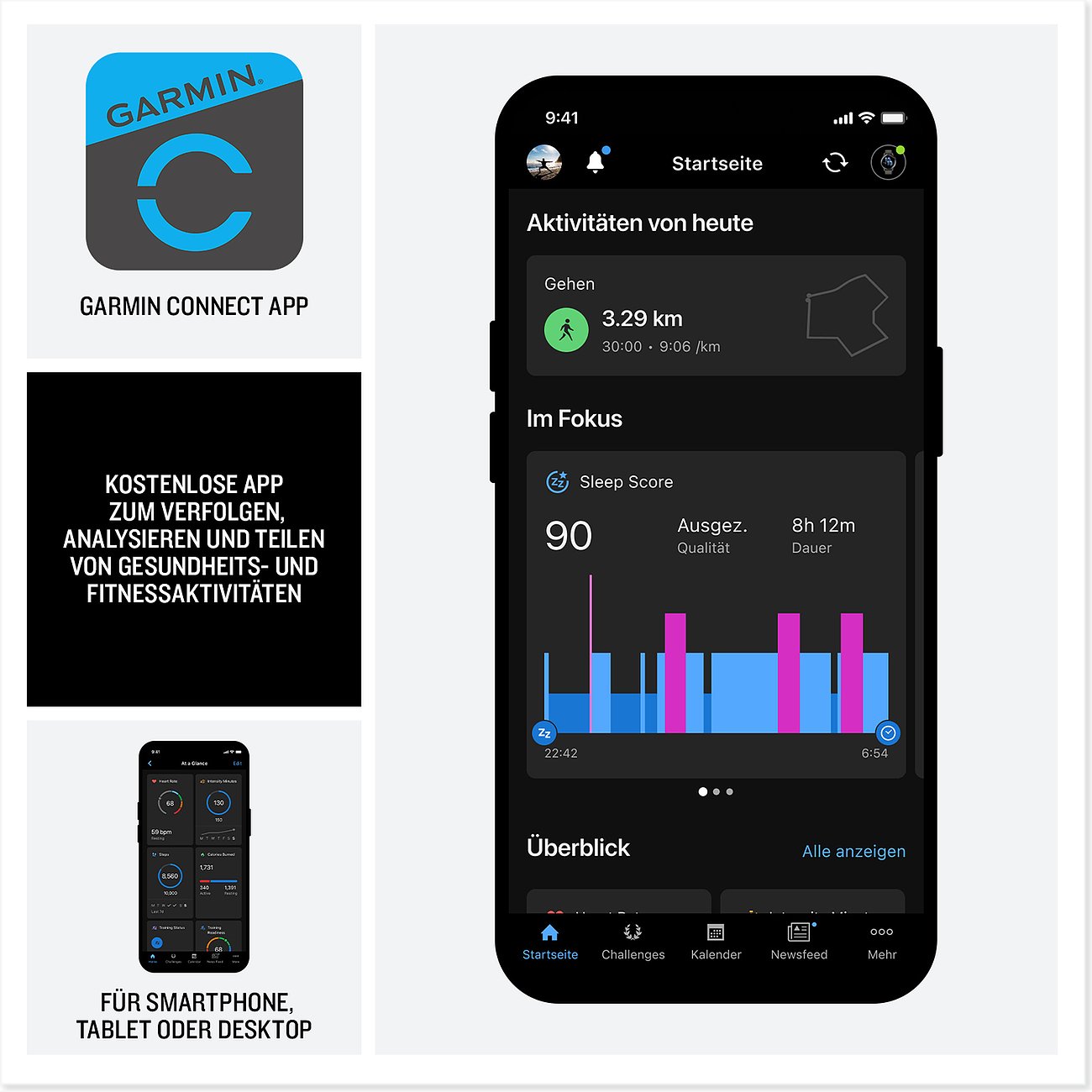 Garmin Connect App auf einem Smartphone. Kostenlose App zur Verfolgung von Gesundheits- und Fitnessaktivitäten. Übersicht der Aktivitäten und Schlaf-Score.