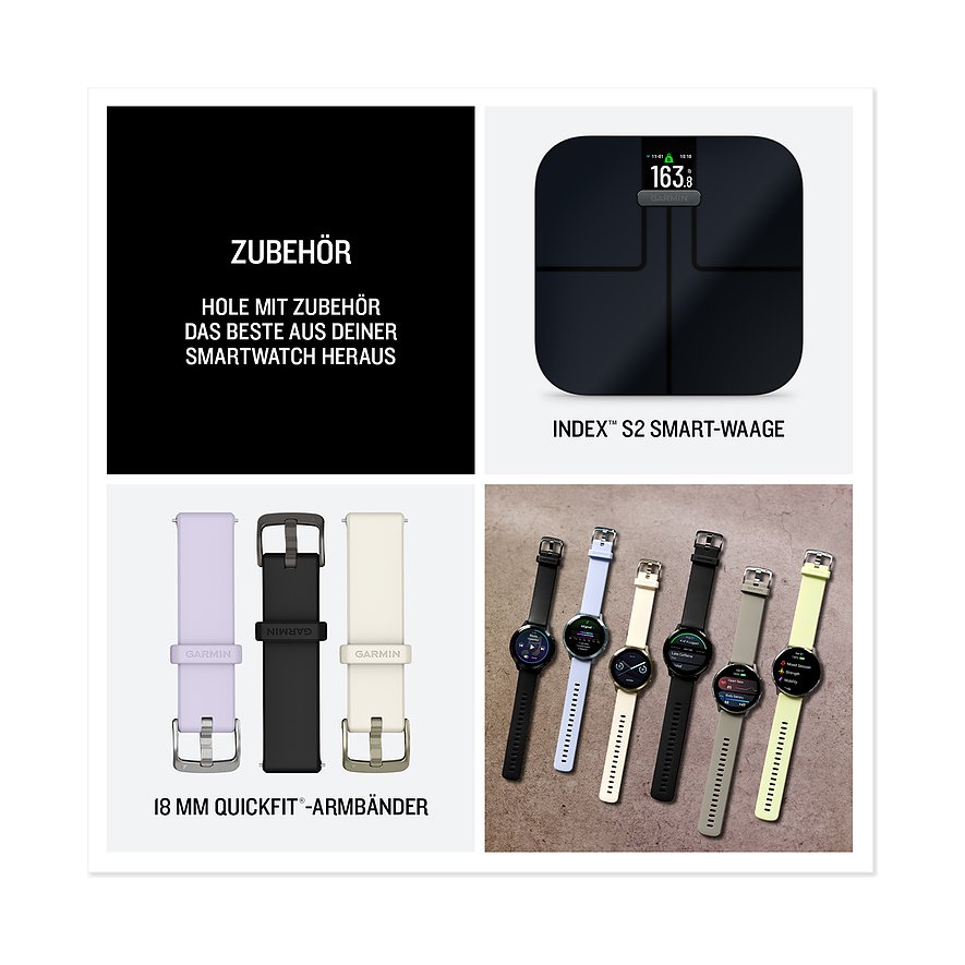 Eine Nahaufnahme zeigt verschiedene Smartwatches und Smartwatch-Armbänder aus Kunststoff von Garmin, sowie eine Smart-Waage.