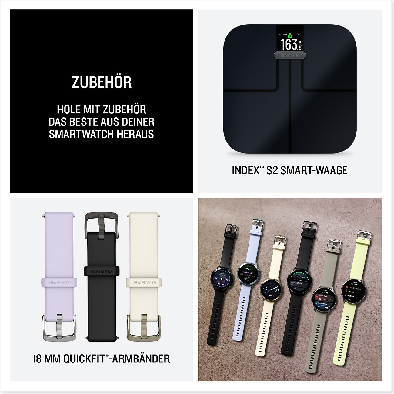 Eine Nahaufnahme zeigt verschiedene Smartwatches und Smartwatch-Armbänder aus Kunststoff von Garmin, sowie eine Smart-Waage.