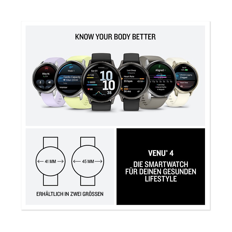 Garmin Smartwatches aus Kunststoff in verschiedenen Farben zeigen Gesundheitsmetriken, erhältlich in 41 mm und 45 mm.