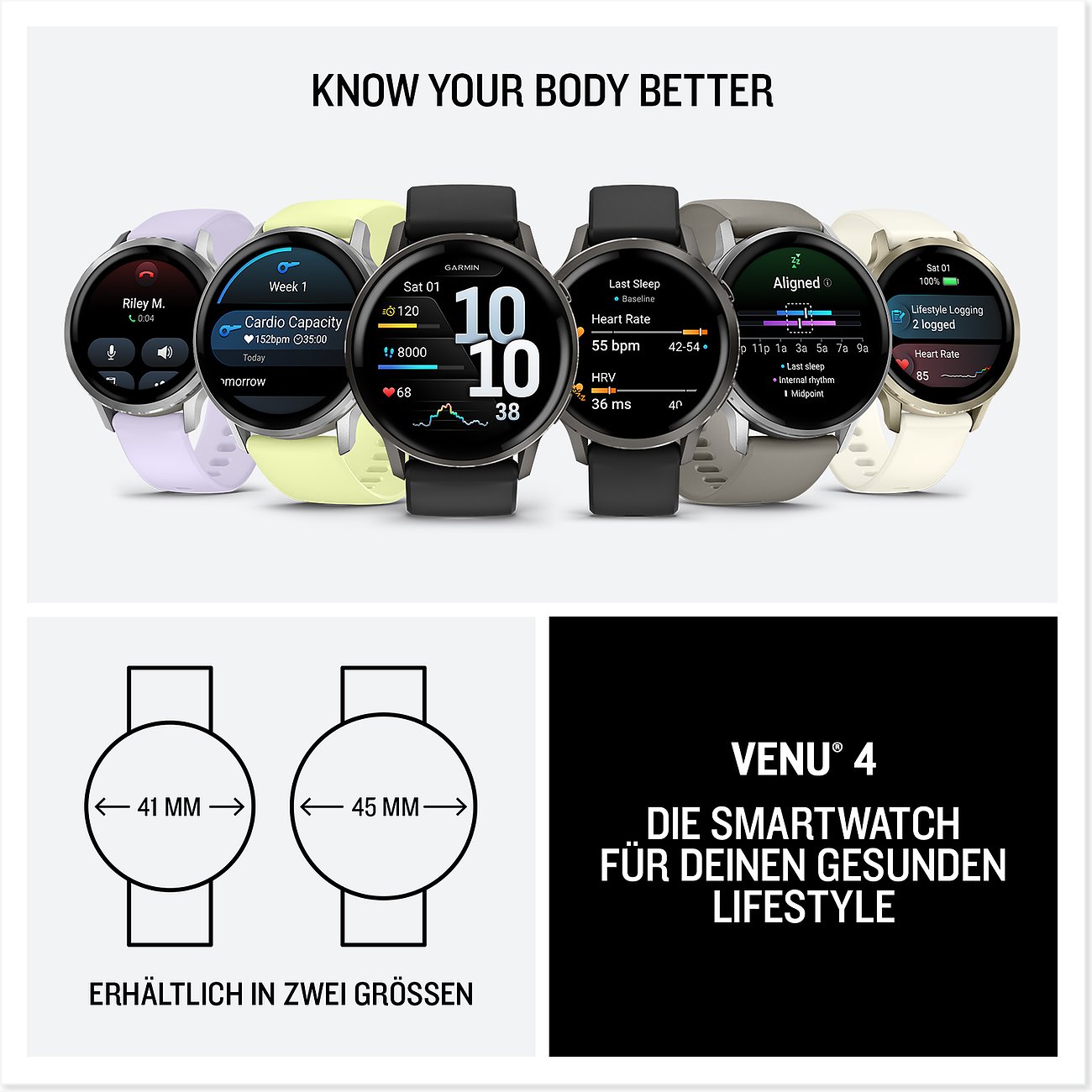 Garmin Smartwatches aus Kunststoff in verschiedenen Farben zeigen Gesundheitsmetriken, erhältlich in 41 mm und 45 mm.