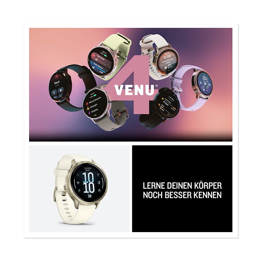 Nahaufnahme von Garmin Smartwatches aus Kunststoff. Eine cremefarbene Smartwatch. Mehrere Smartwatches mit farbigen Bändern.