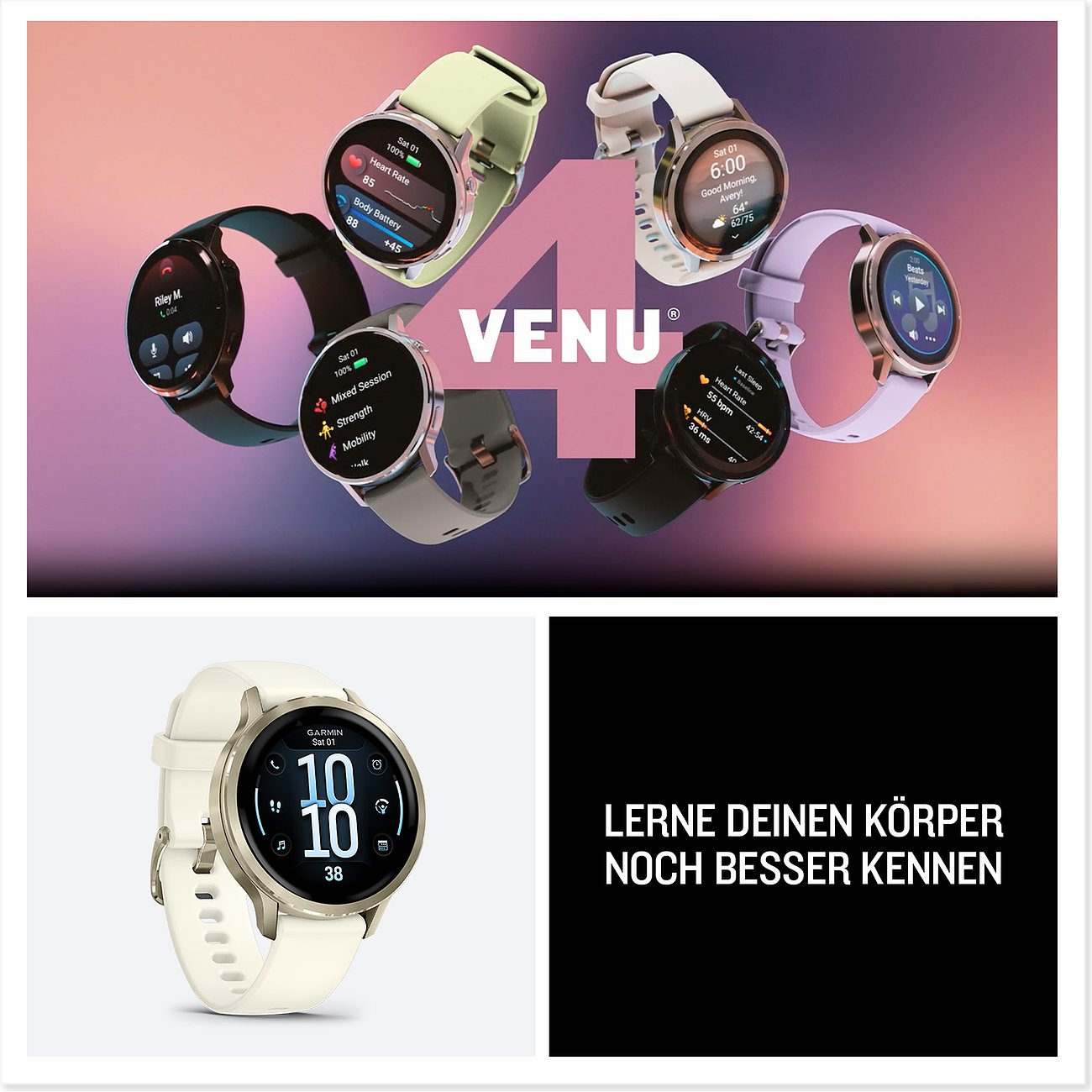 Nahaufnahme von Garmin Smartwatches aus Kunststoff. Eine cremefarbene Smartwatch. Mehrere Smartwatches mit farbigen Bändern.