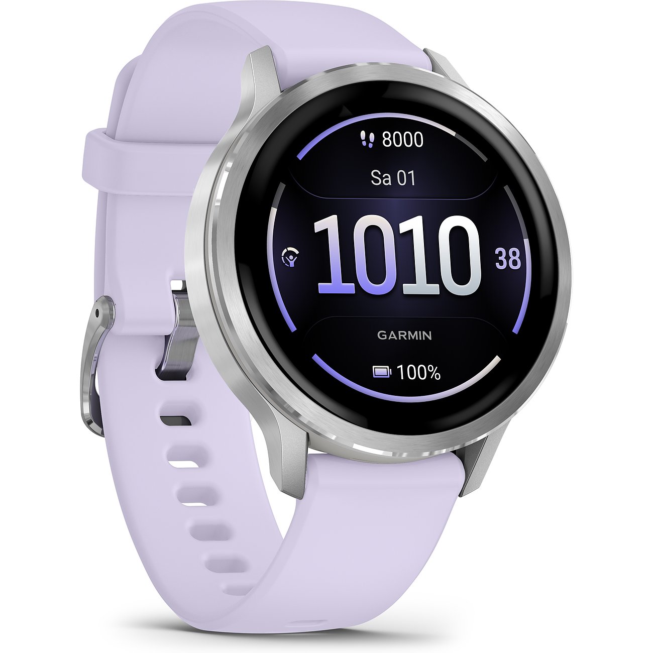 Die Garmin Smartwatch mit lila Kunststoffband und silbernem Kunststoffgehäuse, die Displayzeit ist 10:10.