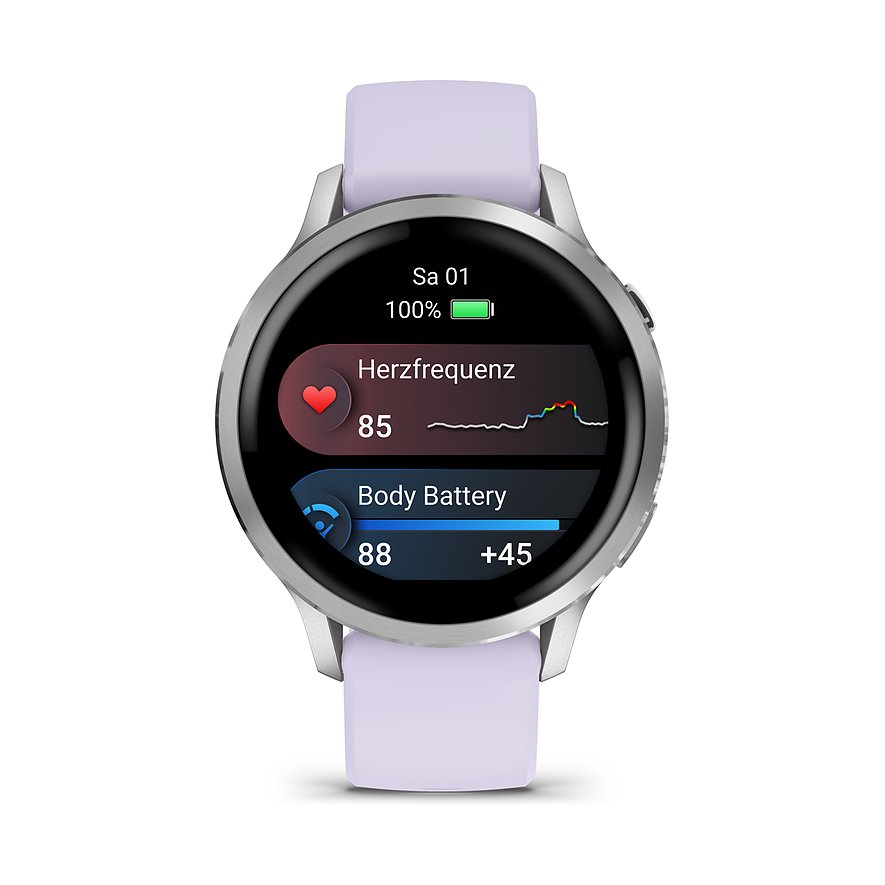 Eine Garmin Smartwatch aus Kunststoff mit lila Armband, die Herzfrequenz und Body Battery anzeigt.