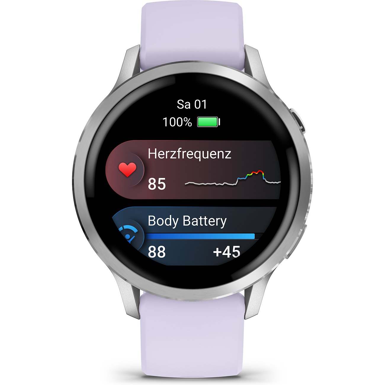Eine Garmin Smartwatch aus Kunststoff mit lila Armband, die Herzfrequenz und Body Battery anzeigt.