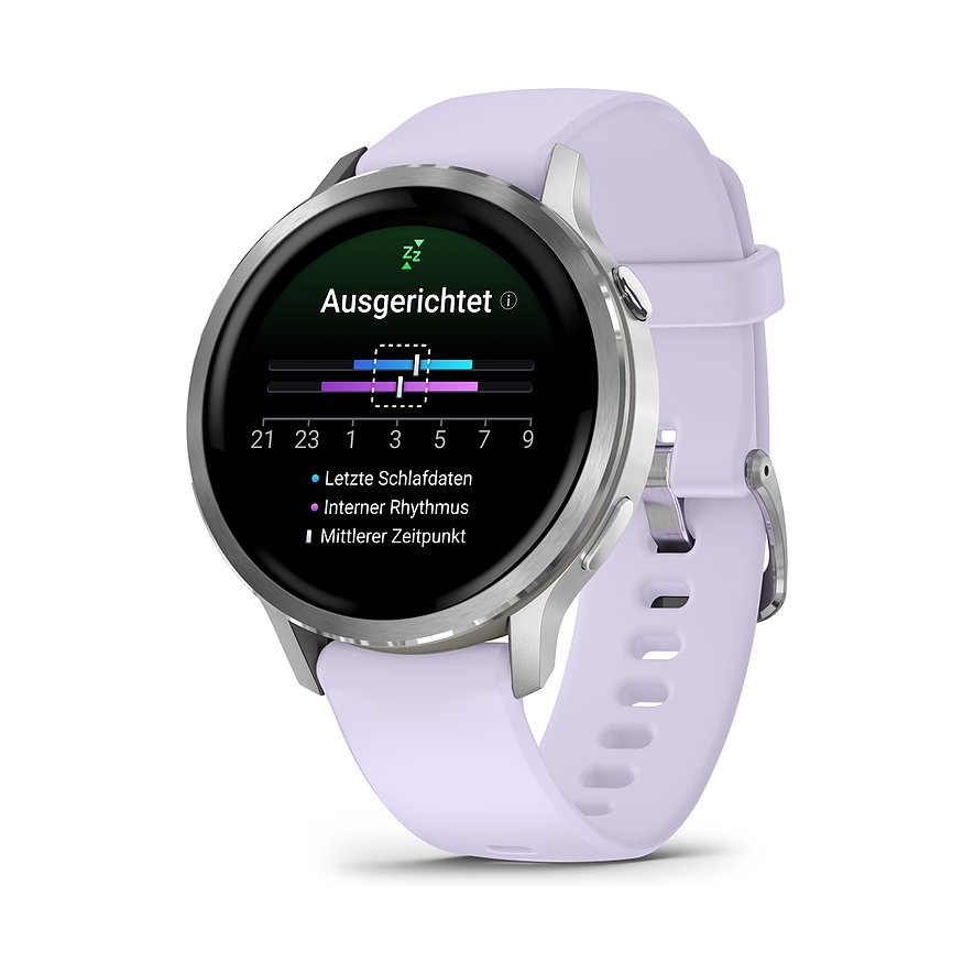 Garmin Smartwatch aus Kunststoff mit lila Armband, der Bildschirm zeigt Schlafdaten an.