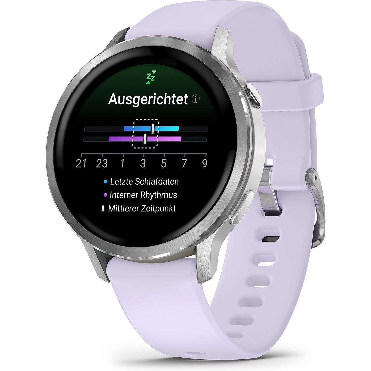 Garmin Smartwatch aus Kunststoff mit lila Armband, der Bildschirm zeigt Schlafdaten an.