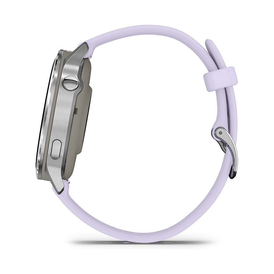 Seitenansicht der Garmin Smartwatch mit lila Kunststoffarmband und silberfarbenem Gehäuse.