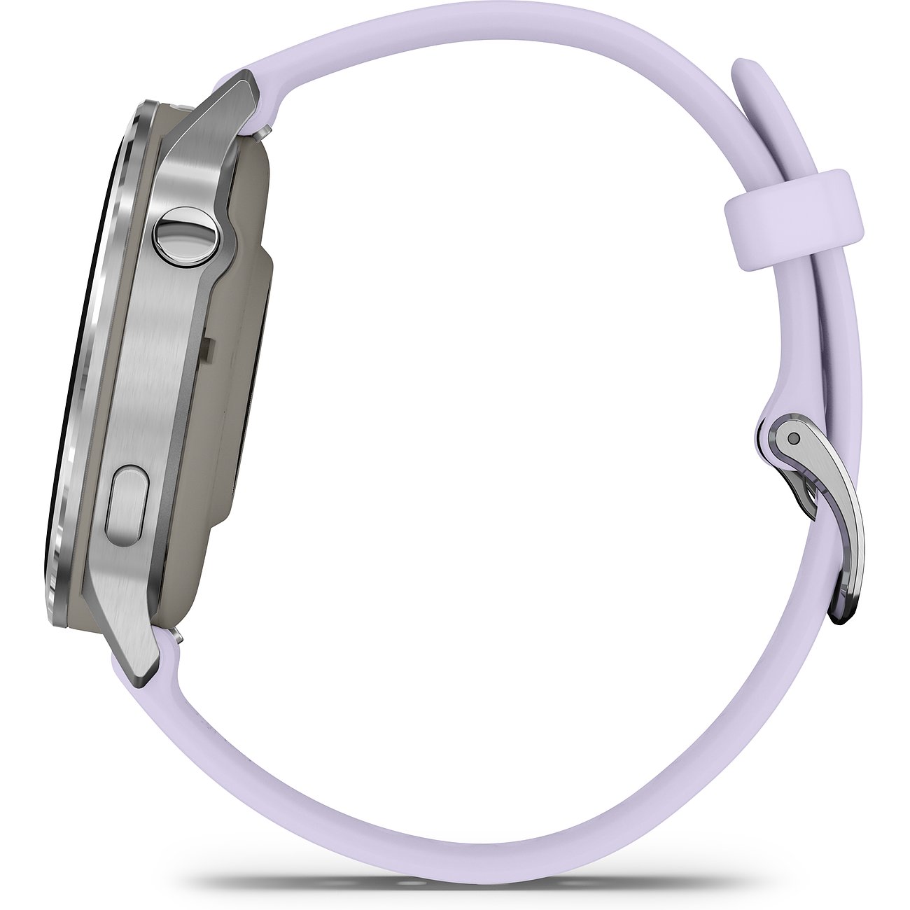 Seitenansicht der Garmin Smartwatch mit lila Kunststoffarmband und silberfarbenem Gehäuse.