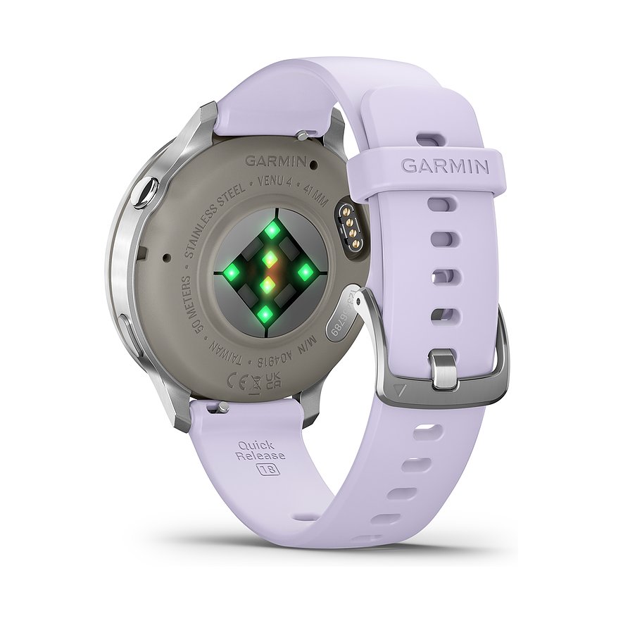 Rückseite einer Garmin Smartwatch aus Kunststoff in Helllila und Silber, mit leuchtenden Sensoren.
