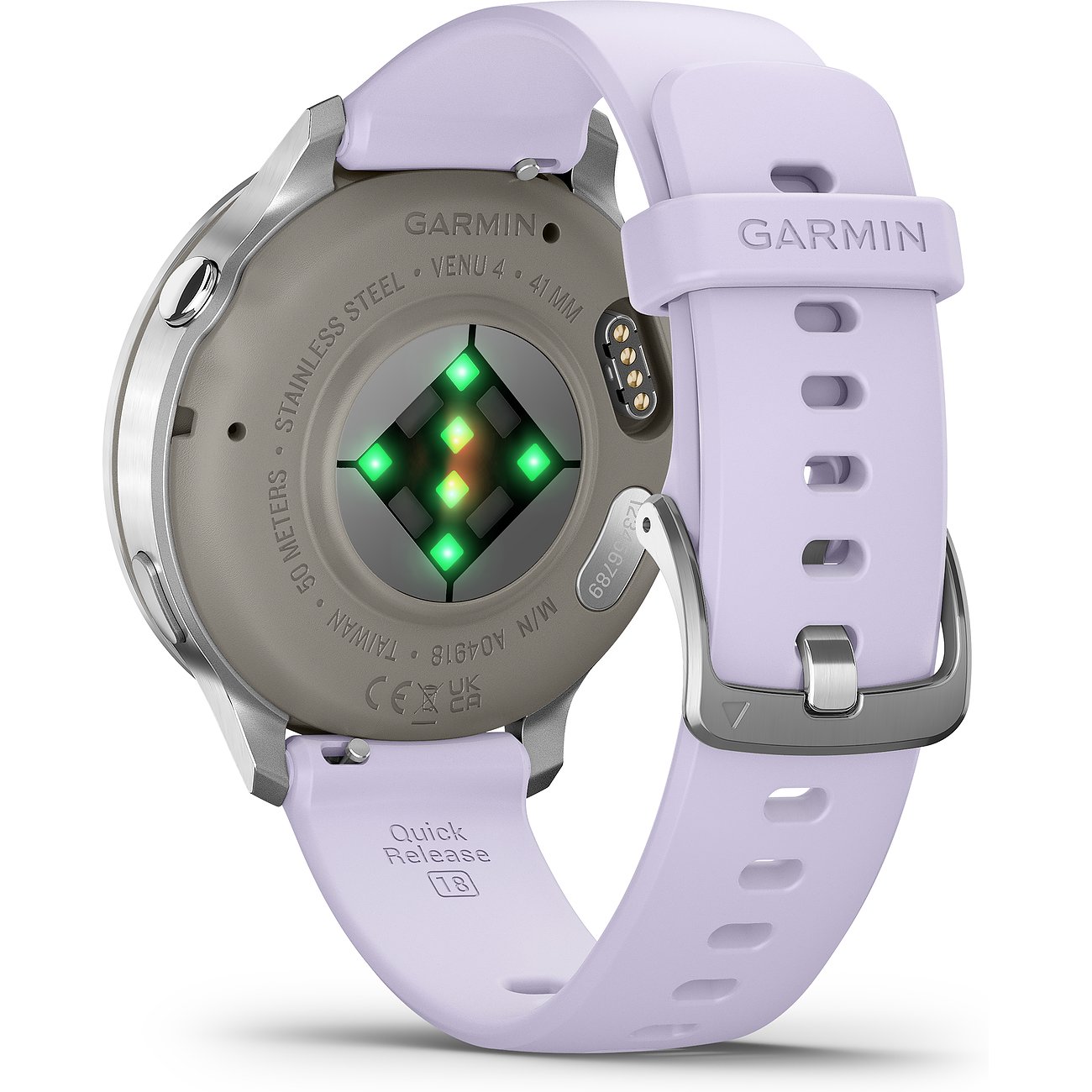 Rückseite einer Garmin Smartwatch aus Kunststoff in Helllila und Silber, mit leuchtenden Sensoren.
