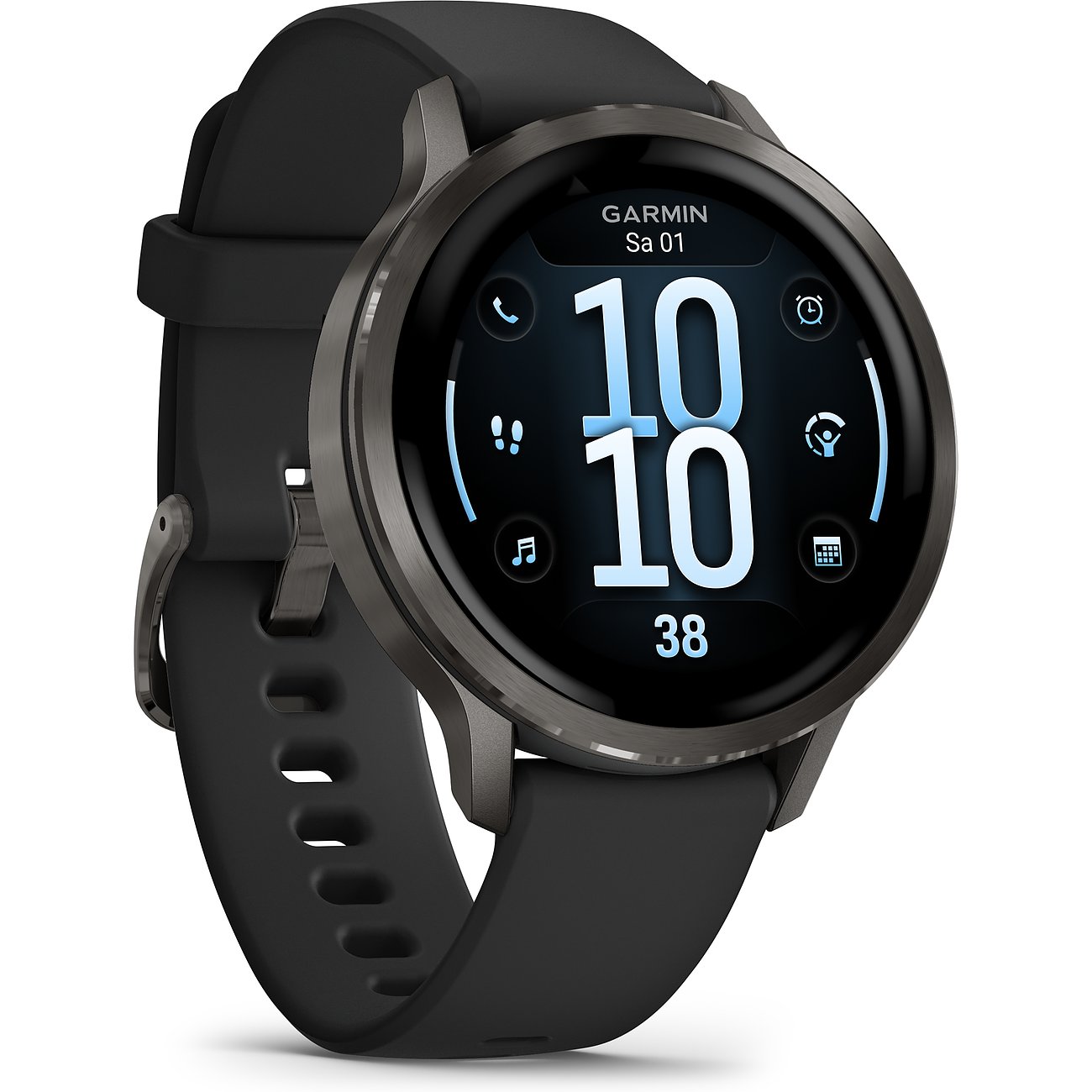 Eine schwarze Garmin Smartwatch aus Kunststoff, schräg von oben aufgenommen, zeigt die Uhrzeit 10:10 Uhr.
