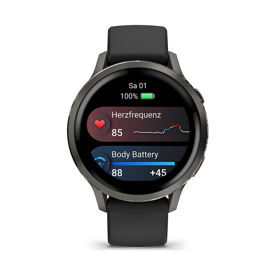 Eine schwarze Garmin Smartwatch aus Kunststoff zeigt Herzfrequenz- und Body-Battery-Messwerte auf dem Display an.