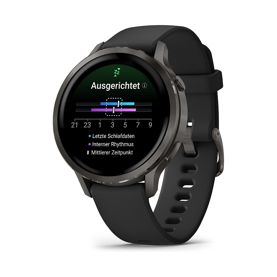 Eine schwarze Garmin Smartwatch aus Kunststoff mit Anzeige für Schlafdaten und internen Rhythmus.