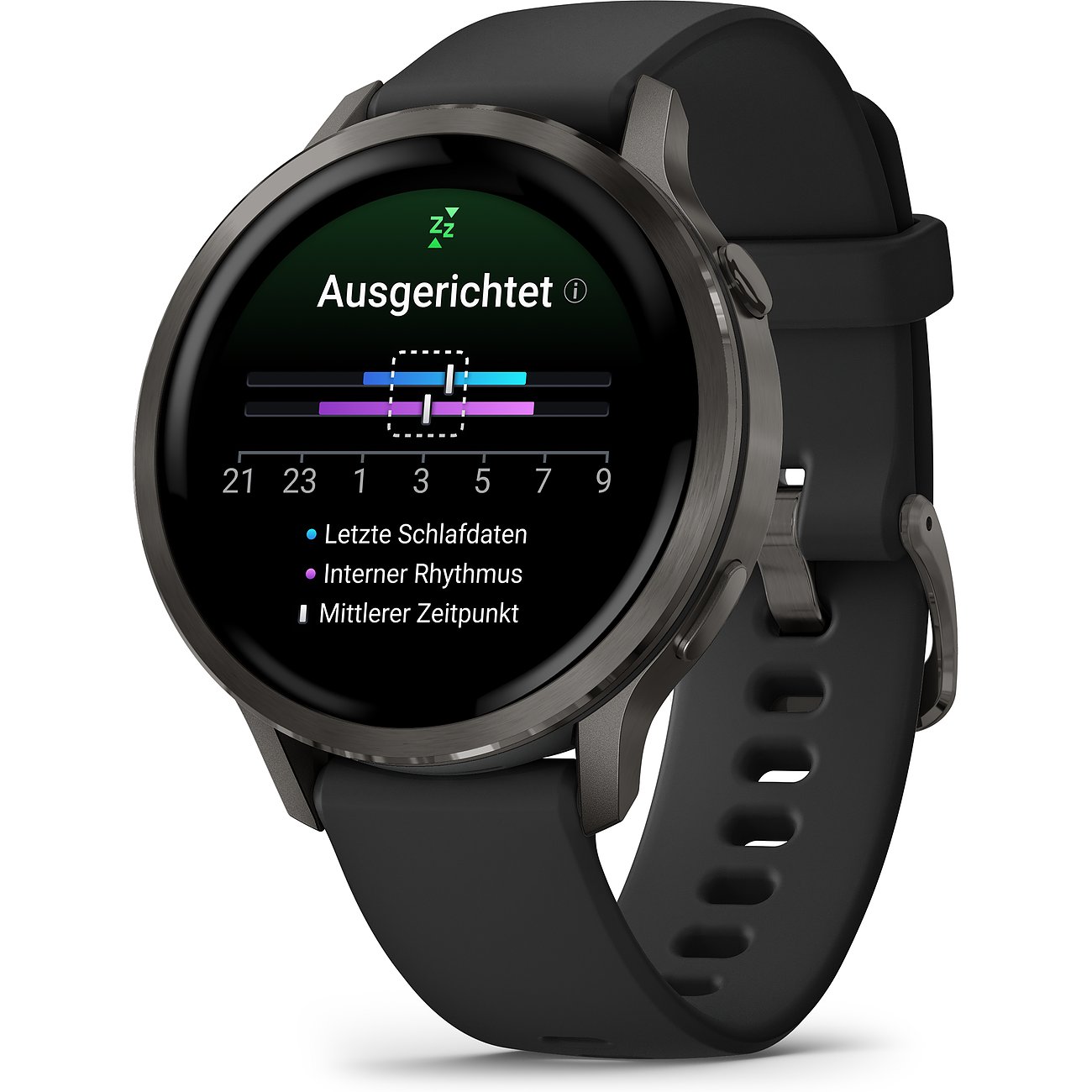 Eine schwarze Garmin Smartwatch aus Kunststoff mit Anzeige für Schlafdaten und internen Rhythmus.