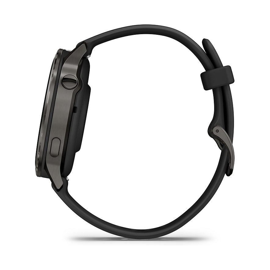 Seitenansicht der Garmin Smartwatch aus Kunststoff mit dunklem Gehäuse und schwarzem Armband.