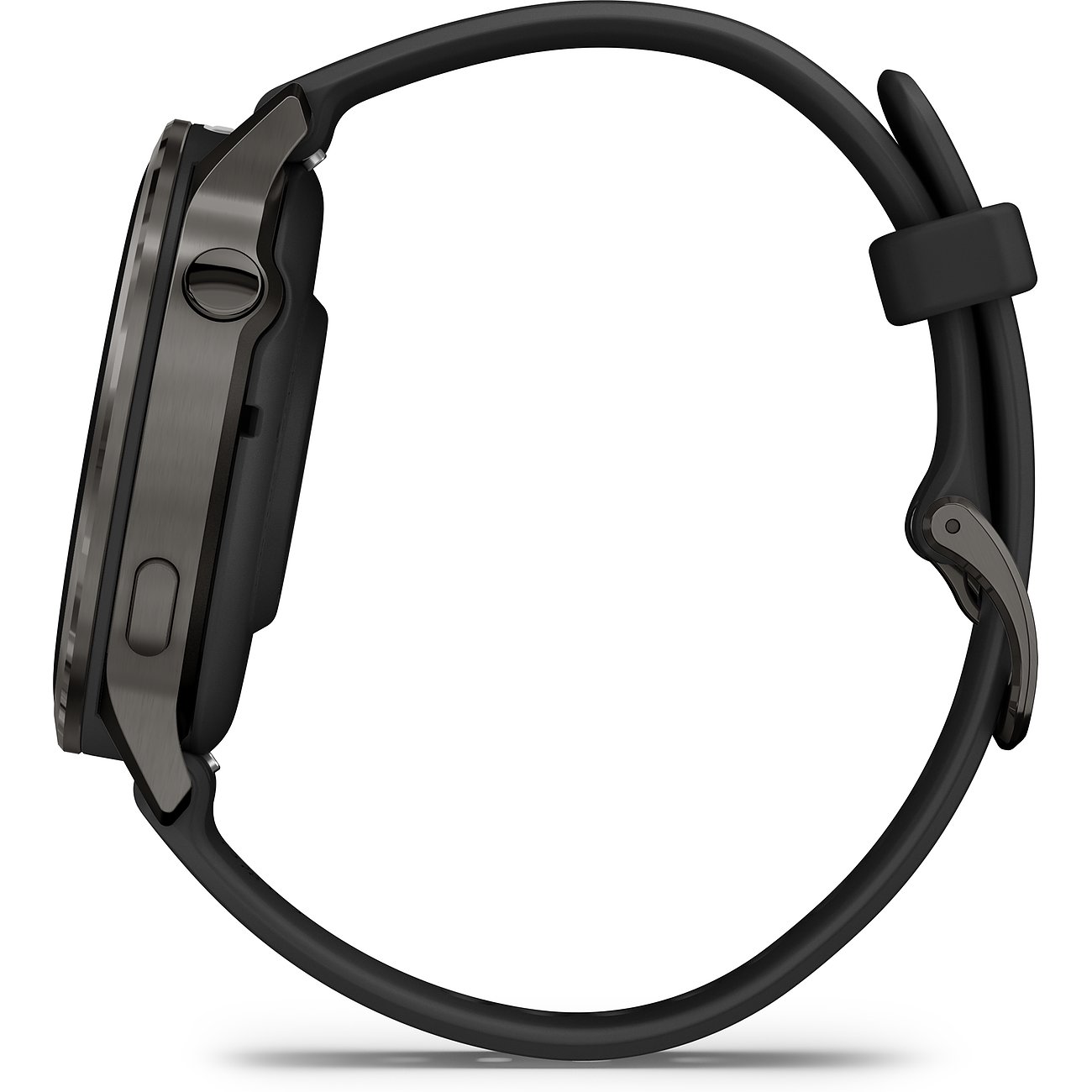 Seitenansicht der Garmin Smartwatch aus Kunststoff mit dunklem Gehäuse und schwarzem Armband.