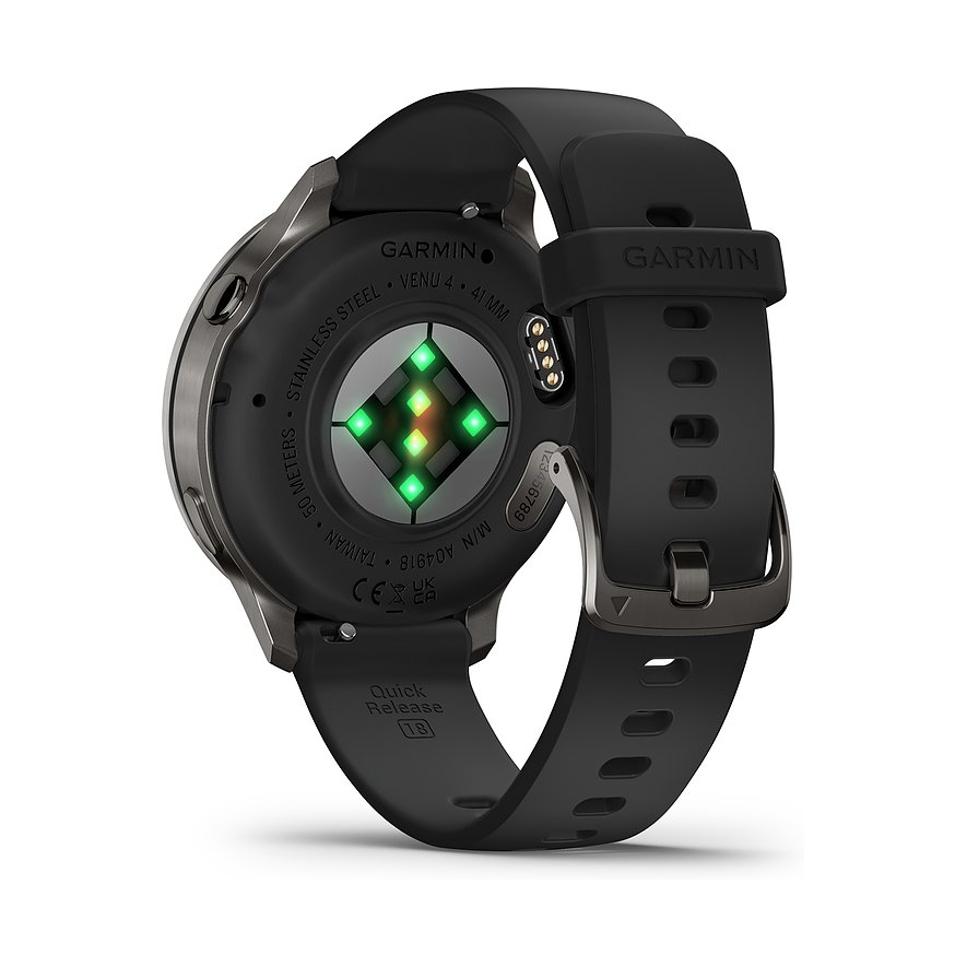 Garmin Smartwatch aus Kunststoff mit Sensorleuchten auf der Rückseite und schwarzem Armband.