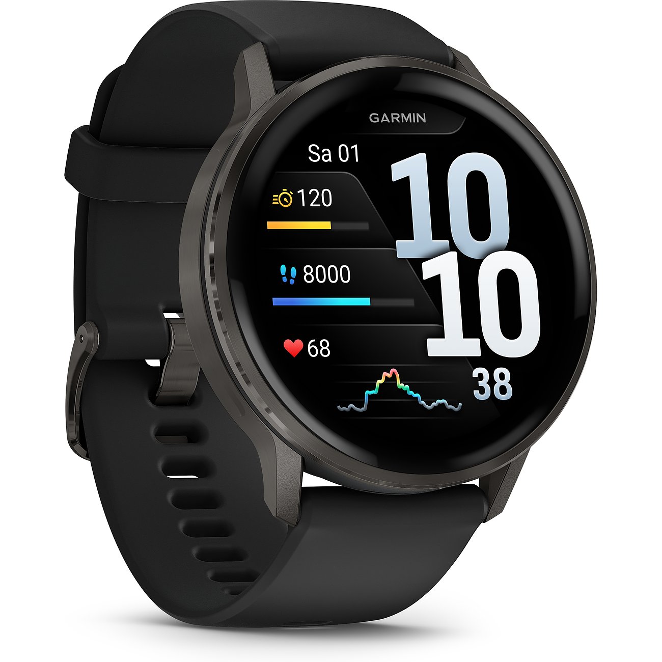 Eine schwarze Garmin Smartwatch aus Kunststoff mit digitaler Anzeige von Uhrzeit und Fitnessdaten.