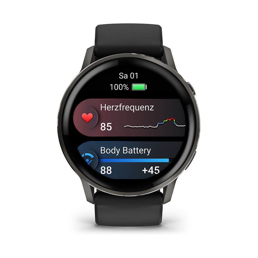 Eine Garmin Smartwatch aus schwarzem Kunststoff zeigt Details zur Herzfrequenz und Körperbatterie an.